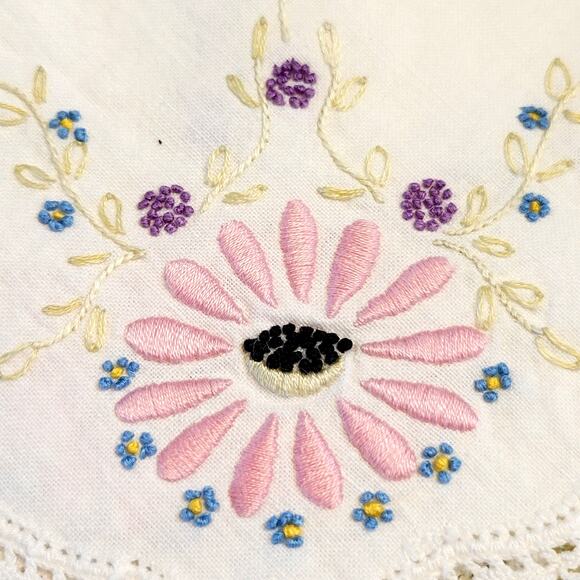 Vintage Square Tablecloth 40x40 Embroidered Floral Crochet Lace Edge Pink White - Picture 1 of 12